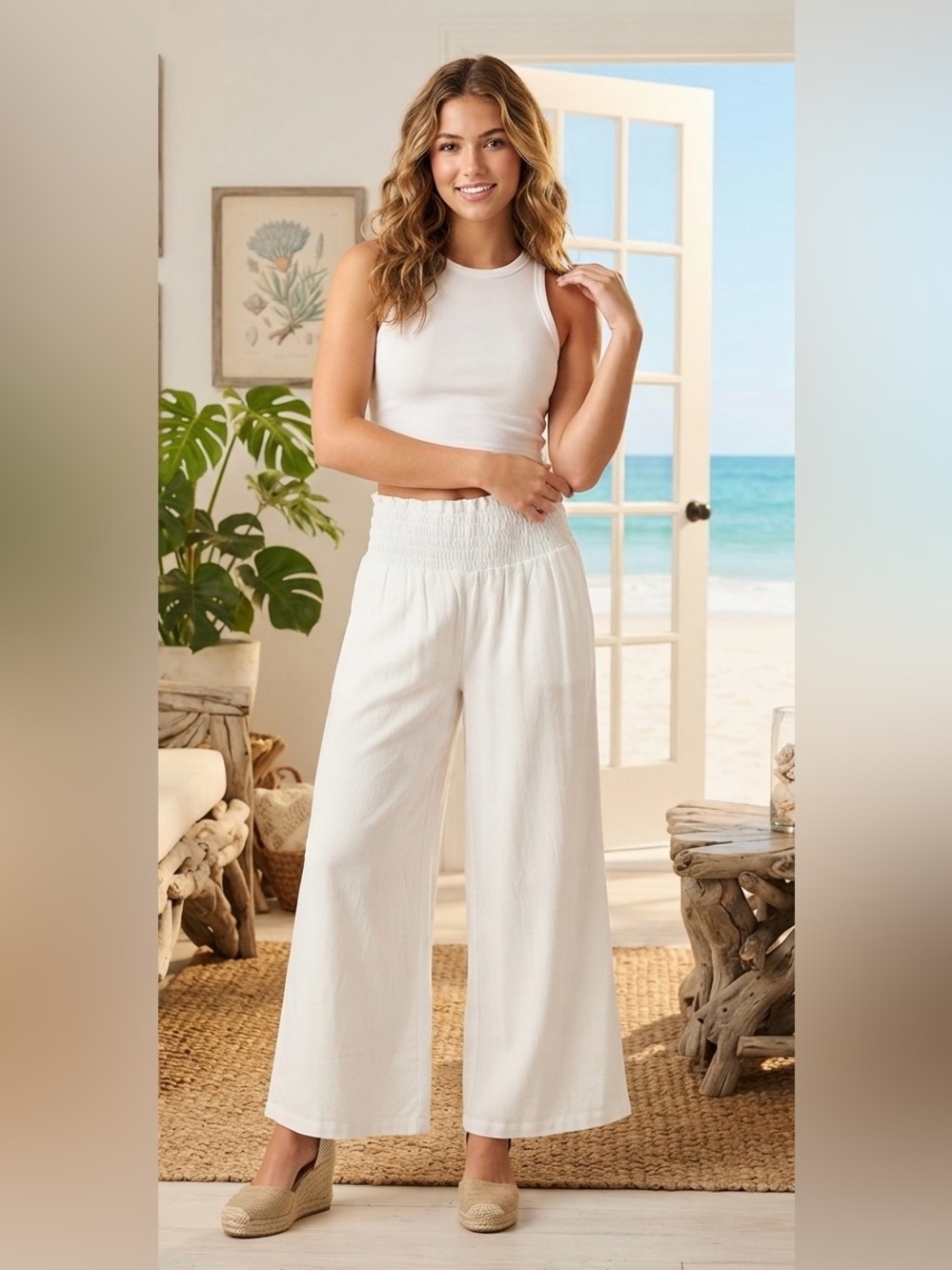 White Linen like Wide-Leg Smocked Waist Pants Sz XL